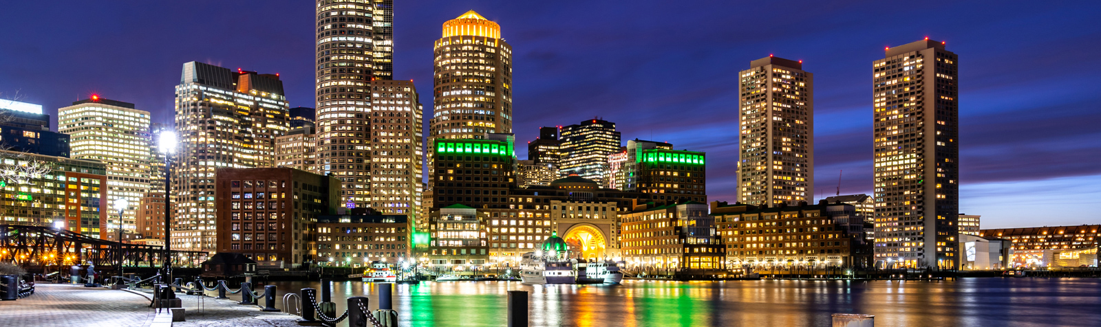 Boston skyline at night over the Charles River